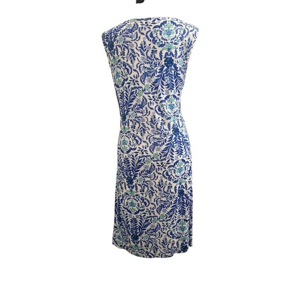 Tory Burch Ruched Knee Length Silk Dress Blue White Floral Print Lined Medium - Picture 3 of 10